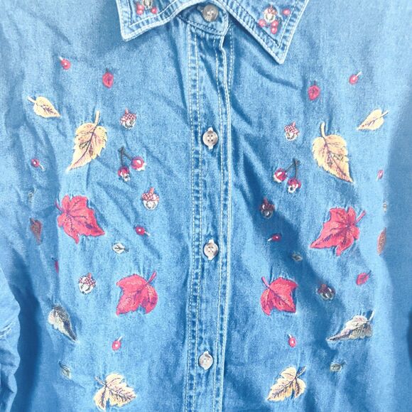 At Last & Co 14 / 16 Cotton Denim Embroidered  Shirt Button Womens Leaf Fall Vtg - Picture 4 of 10